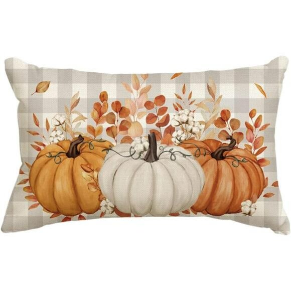 Pumpkin Buffalo Plaid Fall Throw Pillow Cover 12x20 Autumn Thanksgiving Decor - Picture 1 of 8